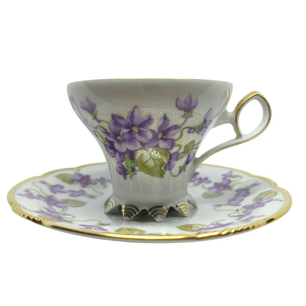 Vintage Mitterteich Bavaria Purple Violets Footed Teacup and Saucer